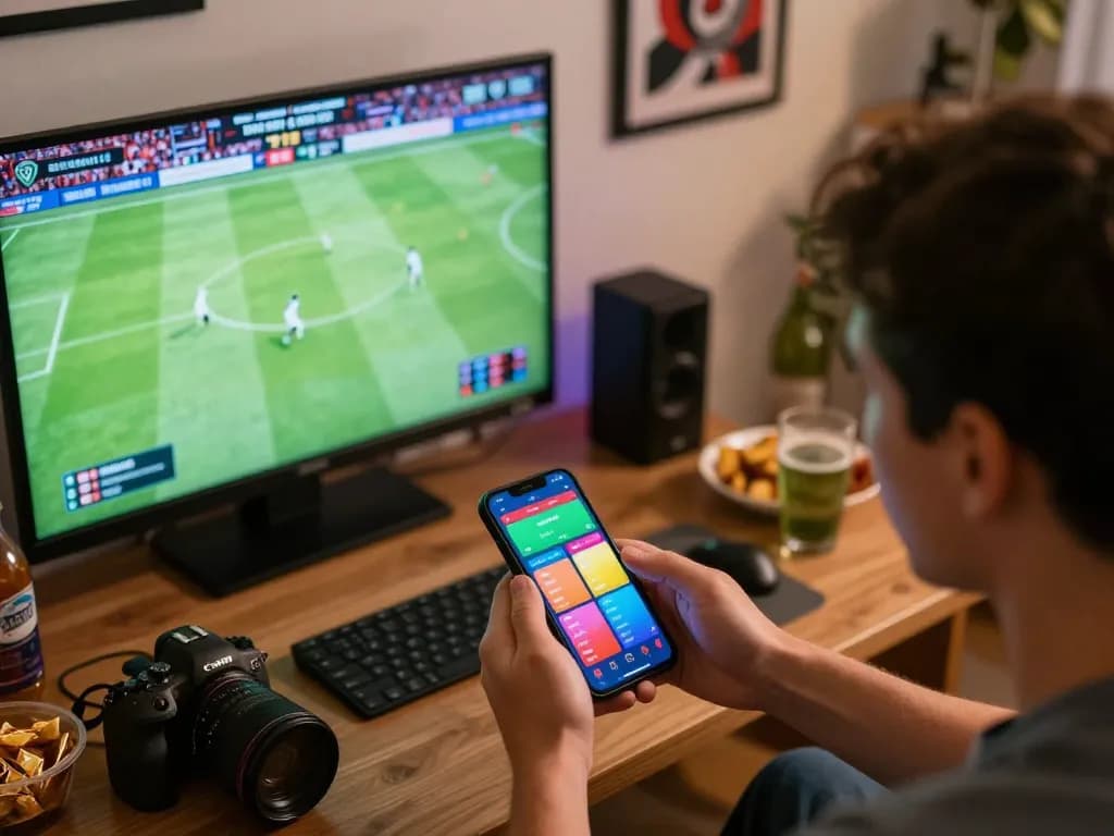 Engaged gambler analyzes kèo nhà cái hôm nay while placing bets on a smartphone during a live match.
