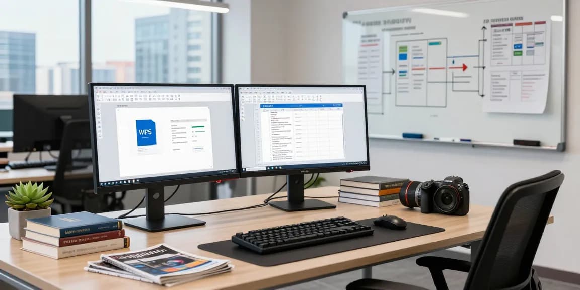Professional workspace showcasing WPS Official Website applications on multiple monitors in a modern setting