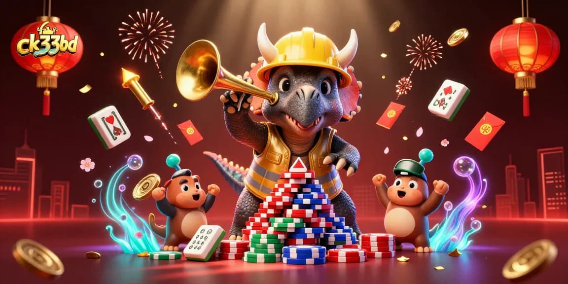 Join the fun at ck33bd with triceratops and friends celebrating casino wins amidst vibrant gaming elements.