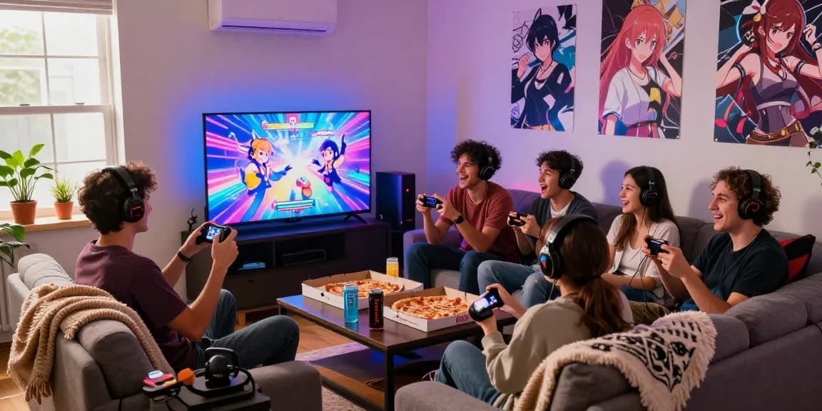 Friends enjoying an ecchi game together in a gaming lounge setting
