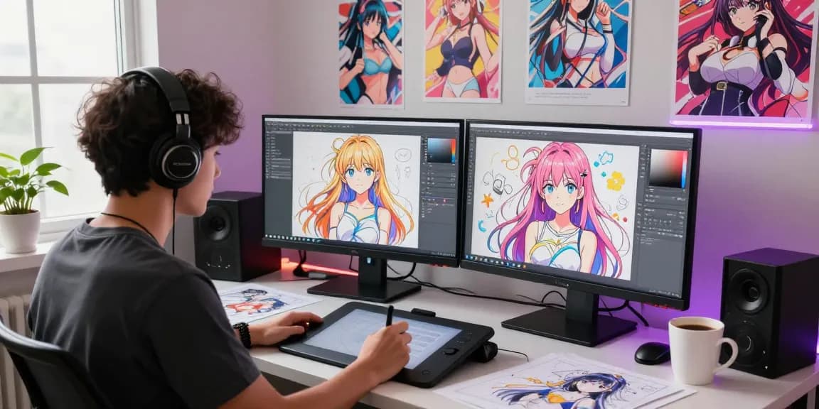 Artist creating AI ecchi illustrations with vibrant anime art in a lively studio.