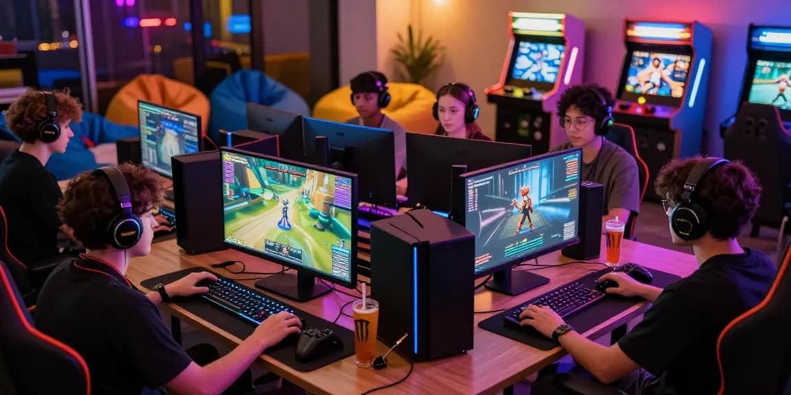 Group of gamers immersed in hentaigames at colorful setups, showcasing interaction and excitement.