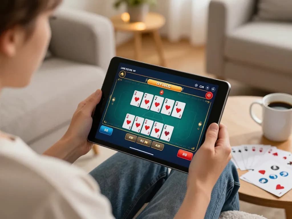 Engaging in online poker game using m88 link on tablet in a cozy living room.