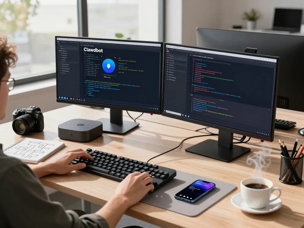 Developer utilizing Clawdbot on a Mac mini, surrounded by tech gadgets in a modern workspace.