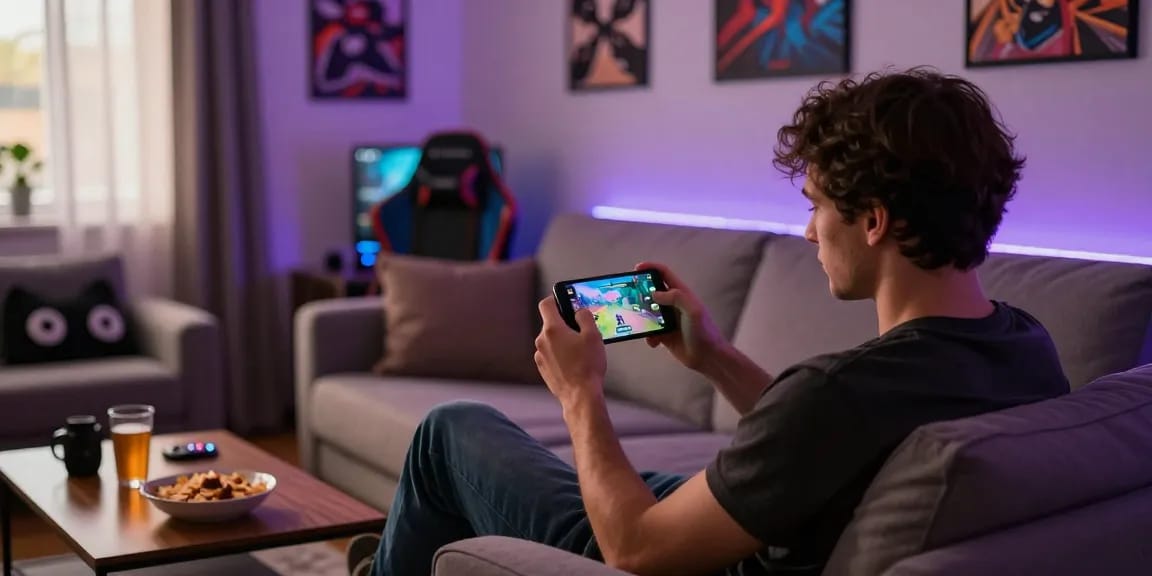 Engaged player enjoying an nsfw apk game in a cozy home setting