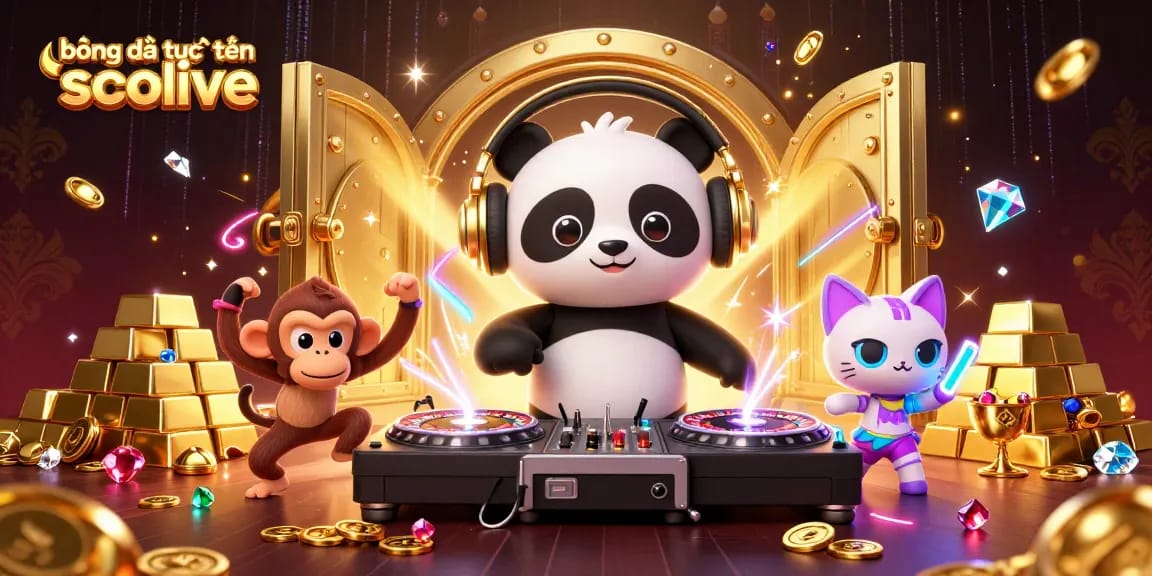 bóng đá trực tuyến socolive showcasing a lively DJ panda, monkey dancer, and vibrant animations in a casino atmosphere