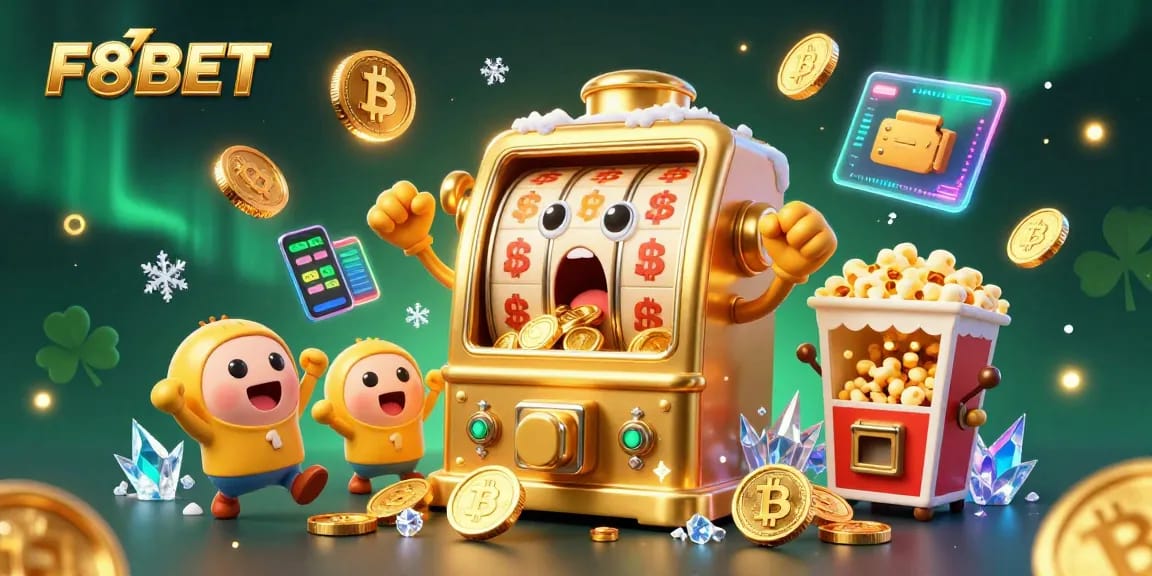 Play slots and win with F8BET's stunning 3D casino illustration featuring jackpot excitement.