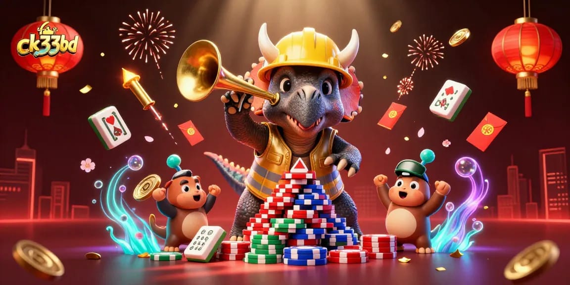 Join the fun at ck33bd with triceratops and friends celebrating casino wins amidst vibrant gaming elements.