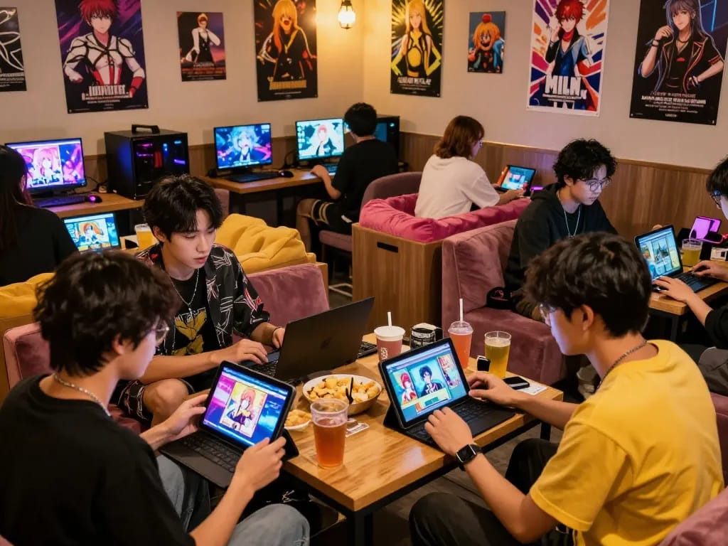 Group enjoying gay porn games on tablets in a vibrant gaming lounge