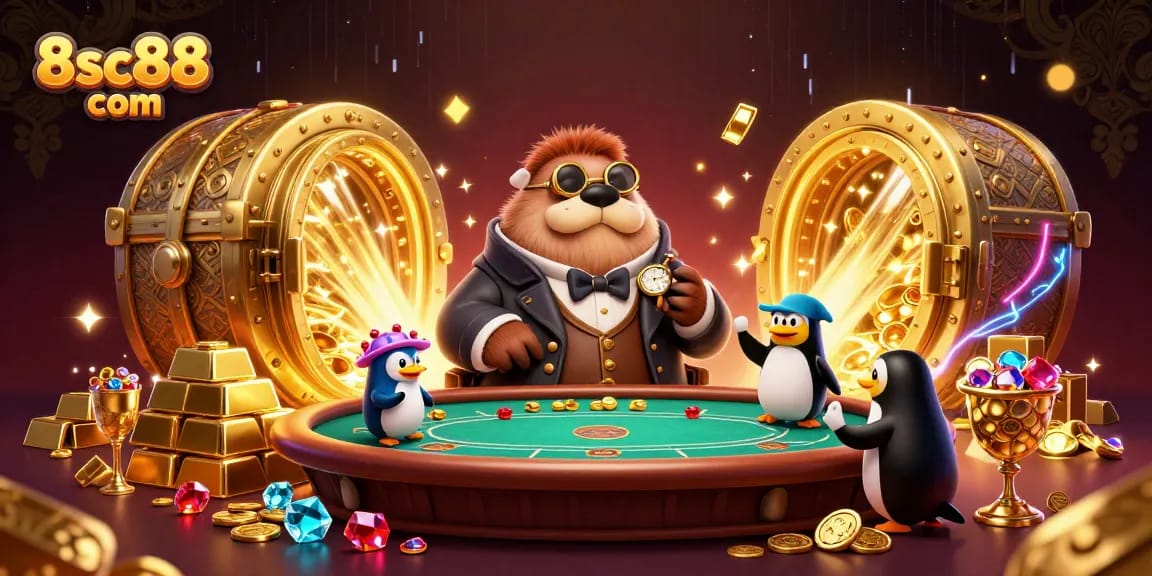 Experience thrilling gameplay at 8sc88 com with a jolly walrus and friends at an underwater poker table.