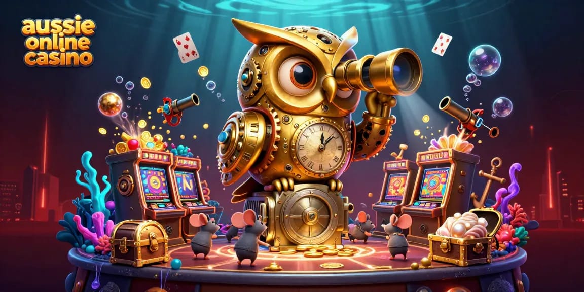 Engage with the vibrant aussie online casino, featuring golden owl and mouse patrons amidst slot machines.