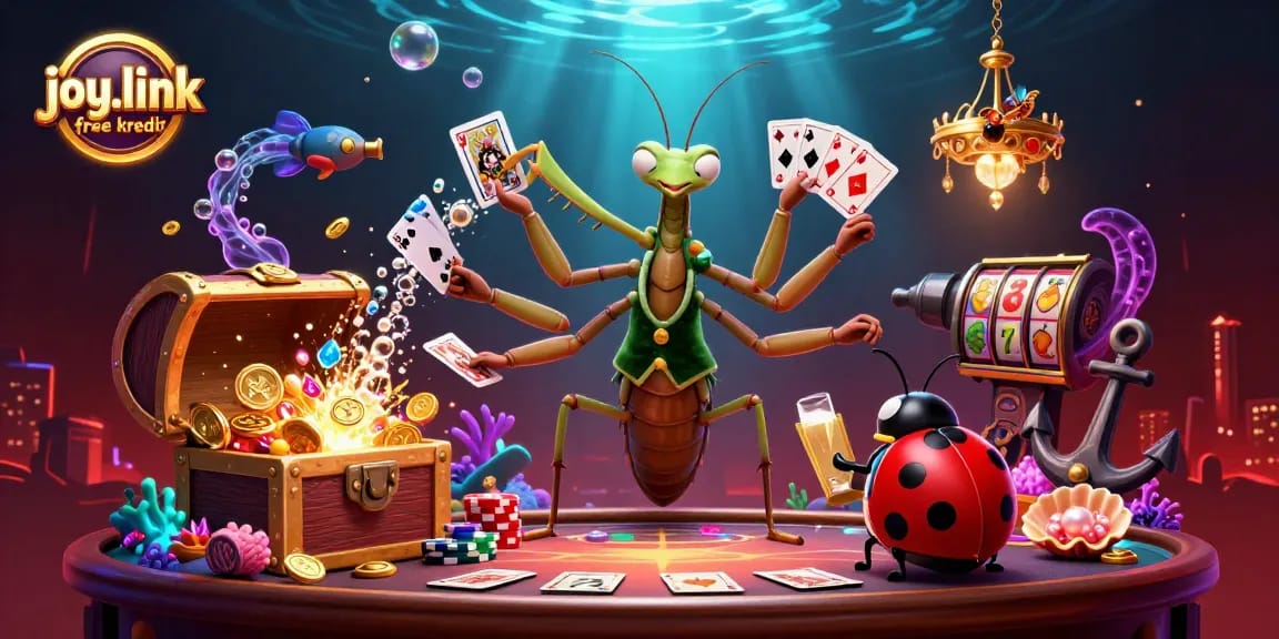 Experience the thrill of gaming with joy.link free kredit showcasing a vibrant casino illustration of a mantis dealer and ladybug pit boss.