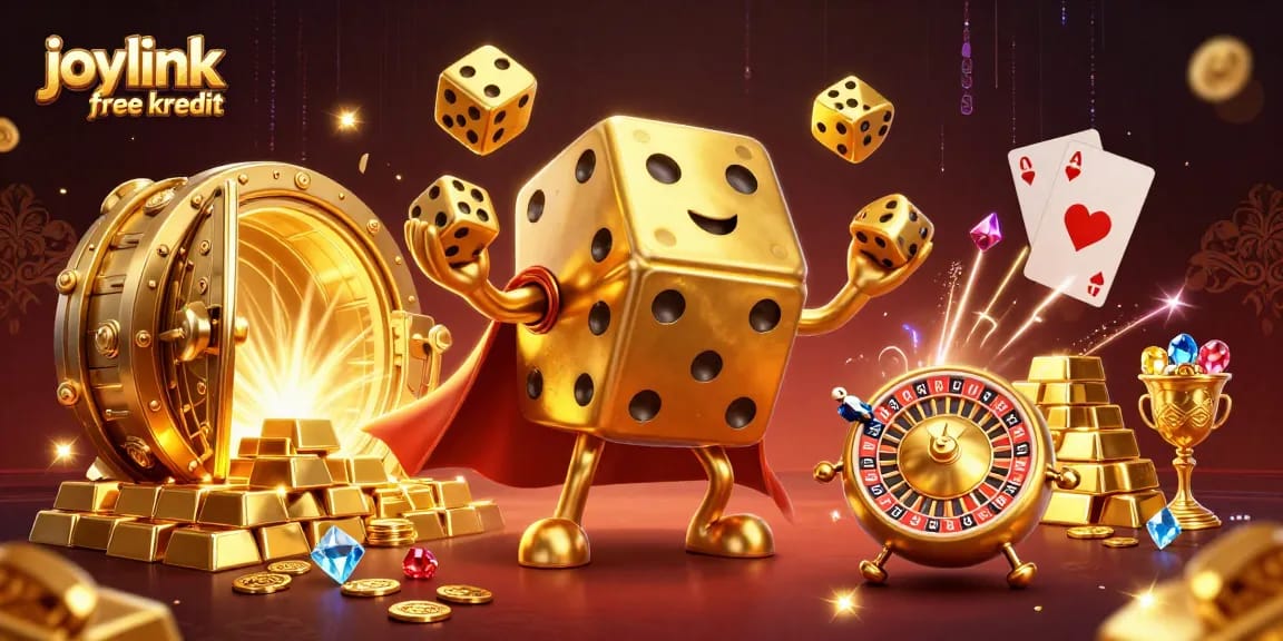 Experience the excitement of joylink free kredit as golden dice and treasures animate a lively casino scene.