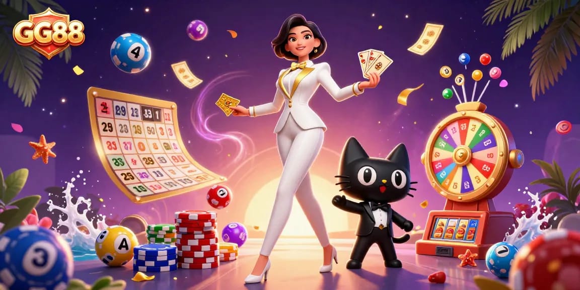 Experience the excitement at GG88 with a glamorous woman shuffling cards alongside a stylish cat in a festive casino setting.