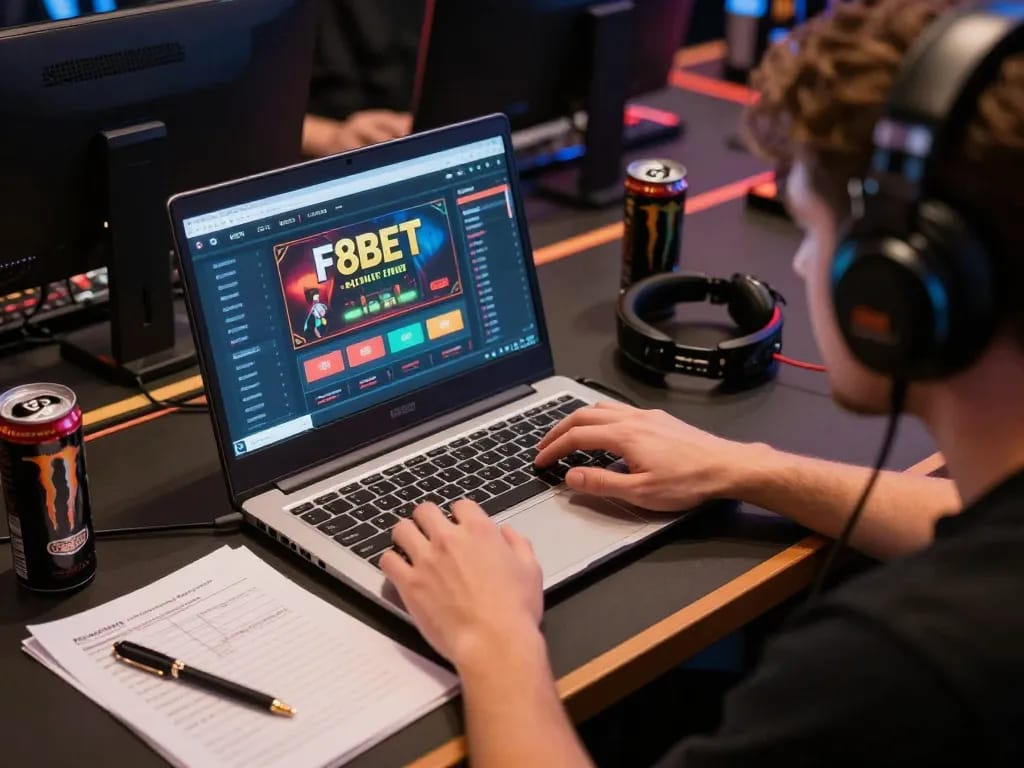 F8BET player strategizing with online casino interface on laptop for better gaming odds.