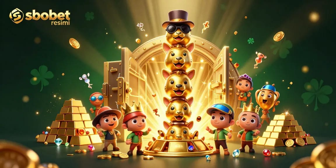 Win exciting rewards at sbobet resmi with a vibrant 3D illustration of a golden totem and treasure elements.