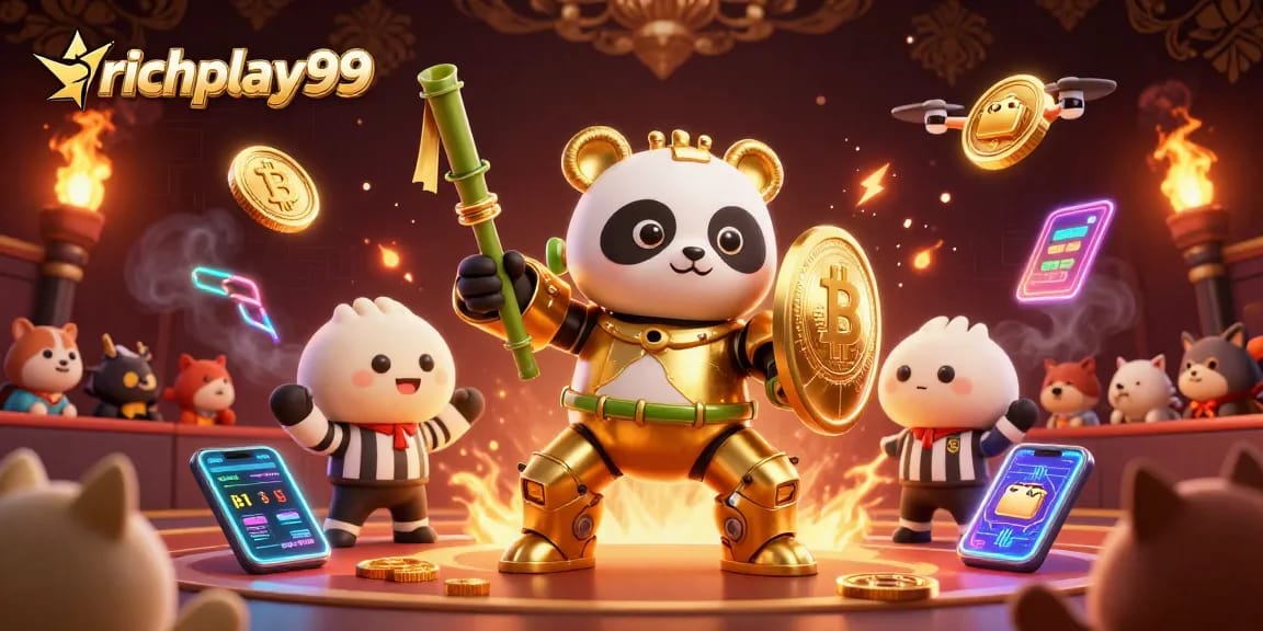 Experience richplay99 with an exciting mech-suit panda battling in a vibrant casino arena.