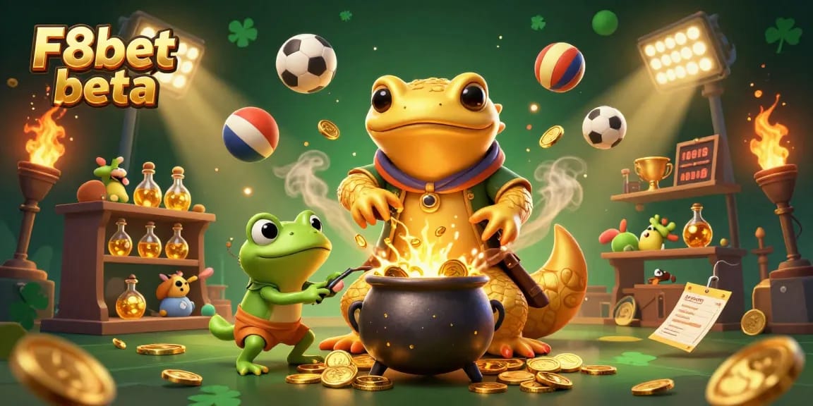 Engage with the magic of F8bet beta as a giant alchemist transforms metals into gold coins in this vibrant casino illustration.