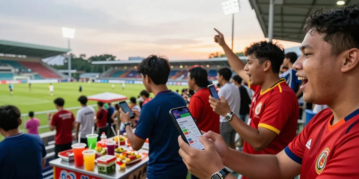 Football Betting Malaysia scene with fans cheering and betting on smartphones amidst a vibrant football match atmosphere.