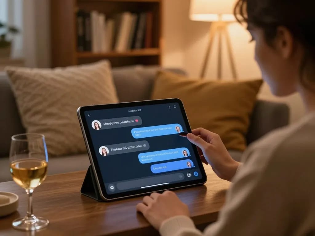 Interactive ai sex chat on a tablet in a cozy living room setting.
