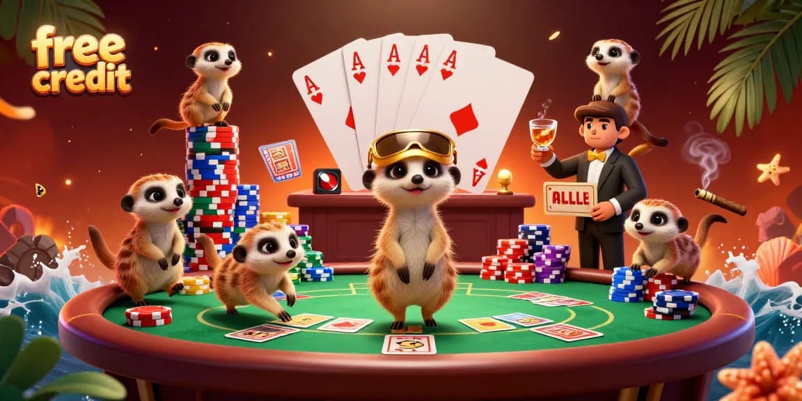 Meerkats managing a vibrant casino scene showcasing free credit opportunities with poker tables and colorful chip stacks.