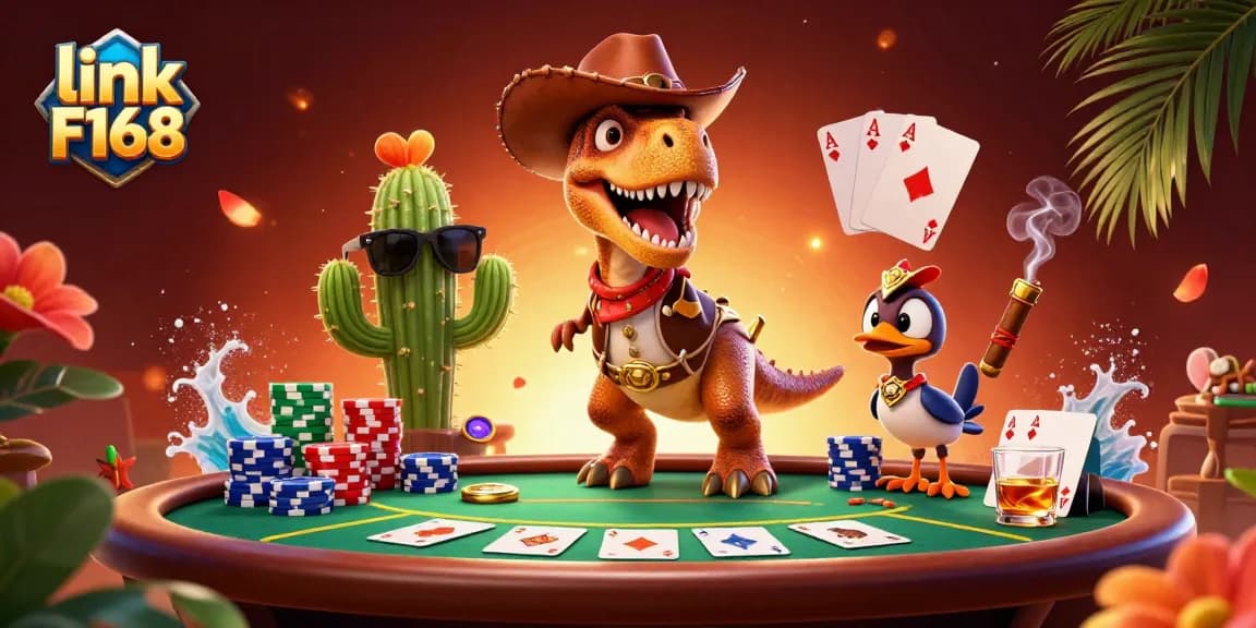 Engage with dynamic poker action featuring link F168's animated cowboy dinosaur and colorful chips.