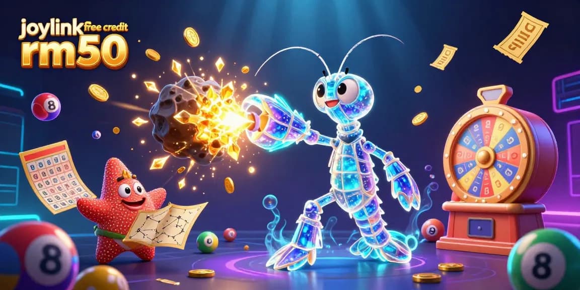 Win thrilling prizes with joylink free credit rm50 in an exciting lottery-themed casino scene featuring vibrant elements.