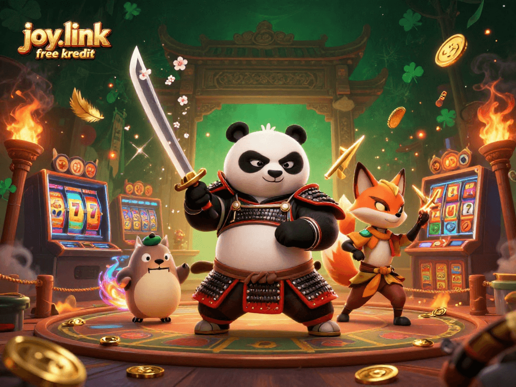 Capture the excitement of joy.link free kredit with a colorful 3D scene featuring a samurai panda and a ninja fox