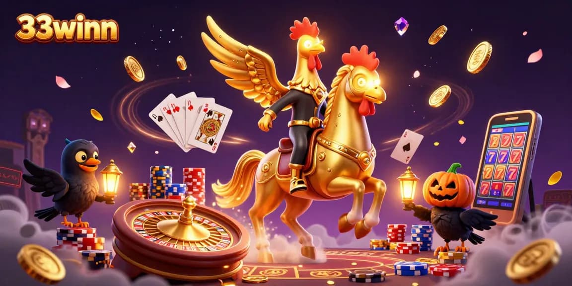 Experience wins at 33winn with a vibrant casino scene featuring golden coins and slot reels.