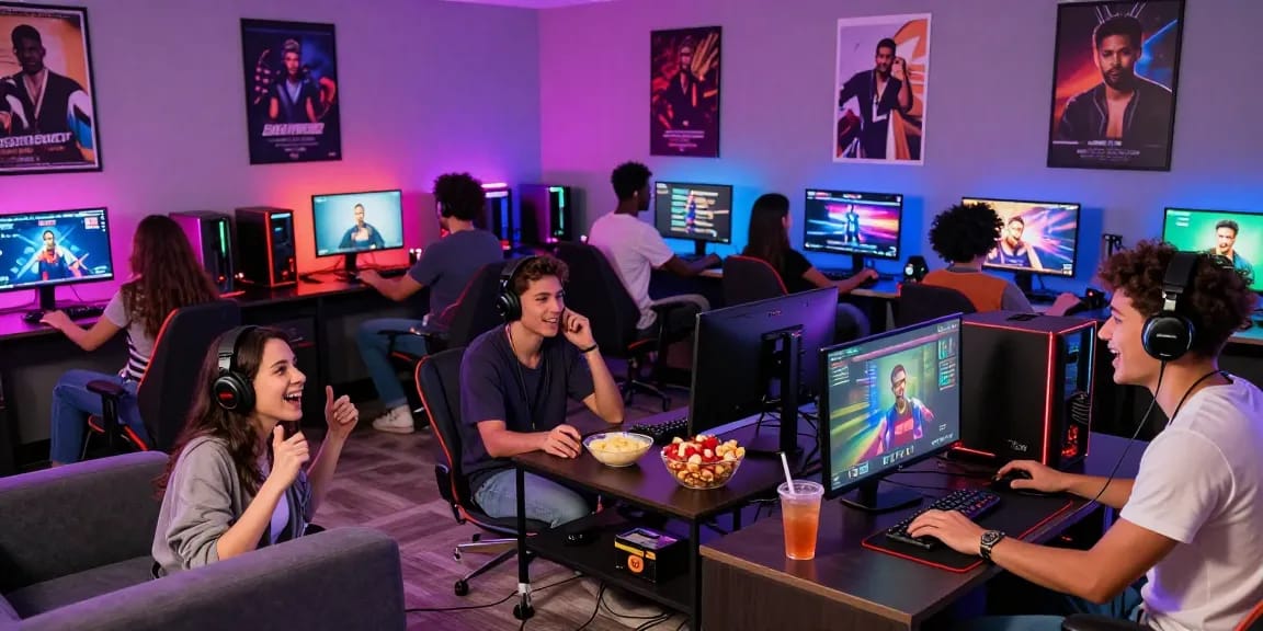 Engaging scene of friends enjoying gay porn games in a colorful gaming lounge.