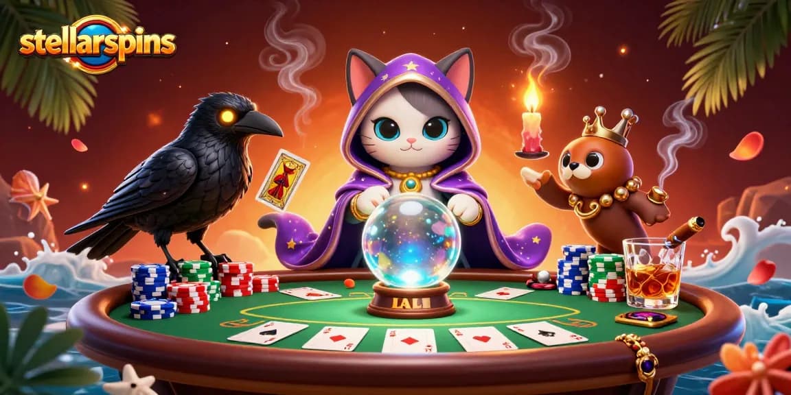 Engage with stellarspins in a vibrant casino scene illustrating tarot charm and poker excitement.