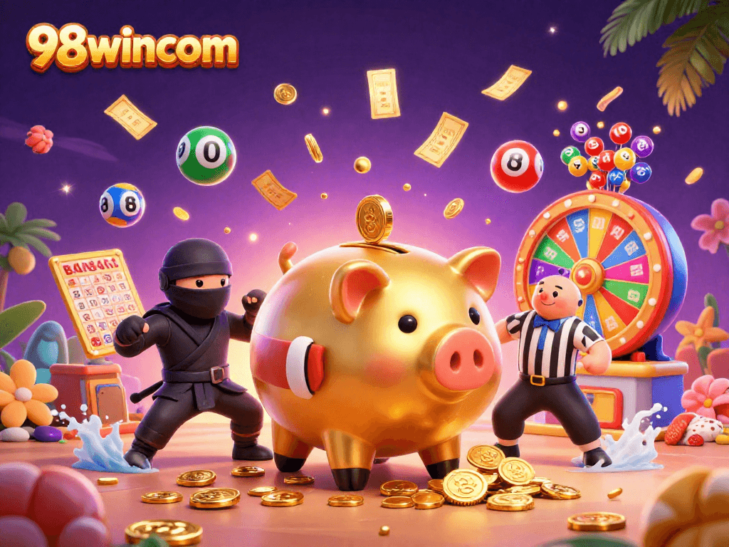 Engage with 98wincom as golden piggy bank wrestles amidst dynamic casino elements.