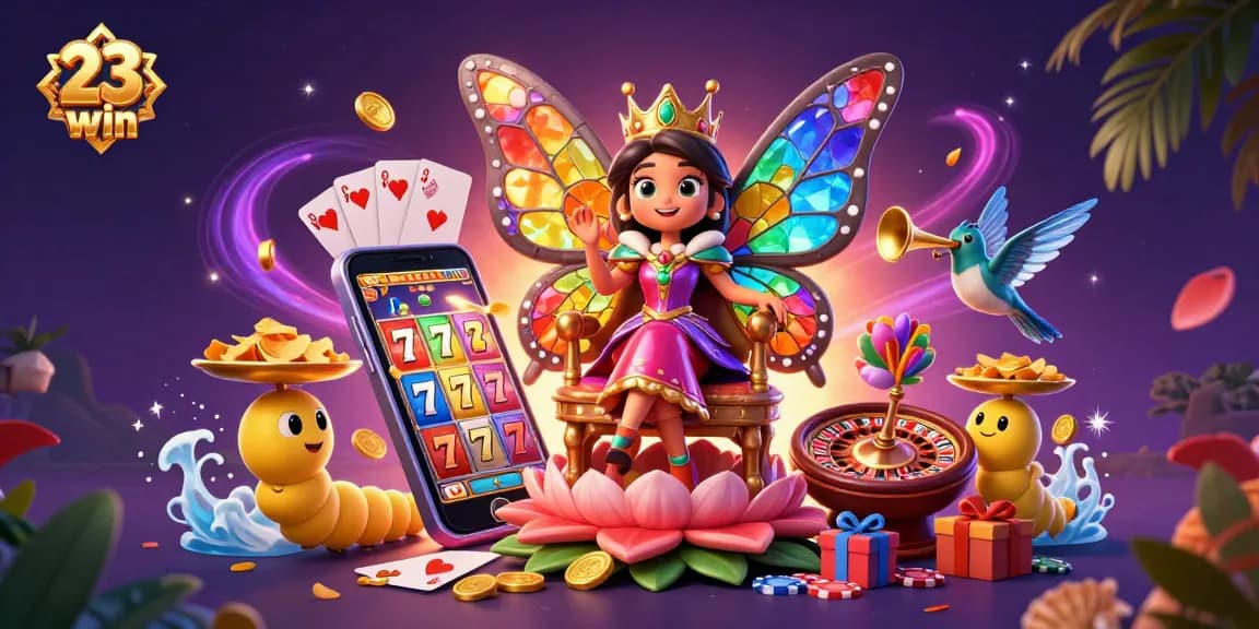 Engage with the vibrant 23win casino world featuring a butterfly queen and colorful slot game elements.