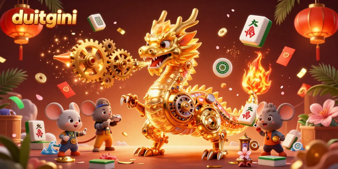Engage with the duitgini golden dragon as it breathes gears, surrounded by vibrant casino elements.