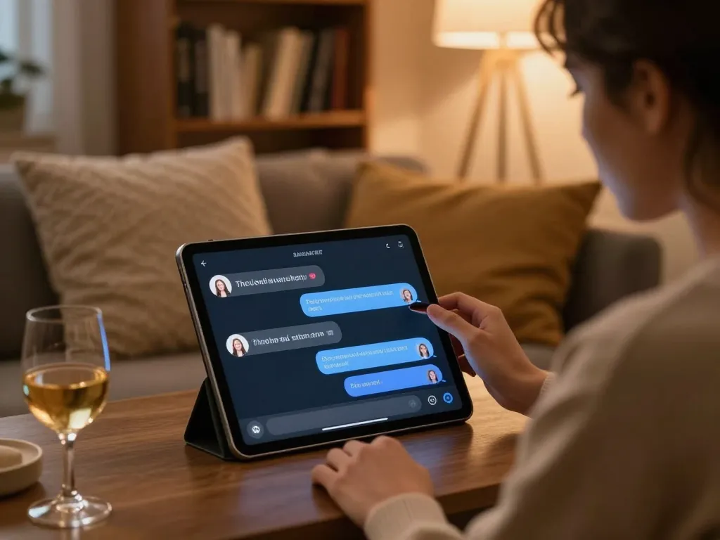 Interactive ai sex chat on a tablet in a cozy living room setting.