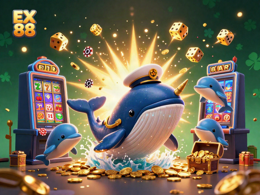 Experience the thrill of EX 88 with a whimsical cartoon scene featuring a whale, narwhal, and dolphins surrounded by jackpot rewards.