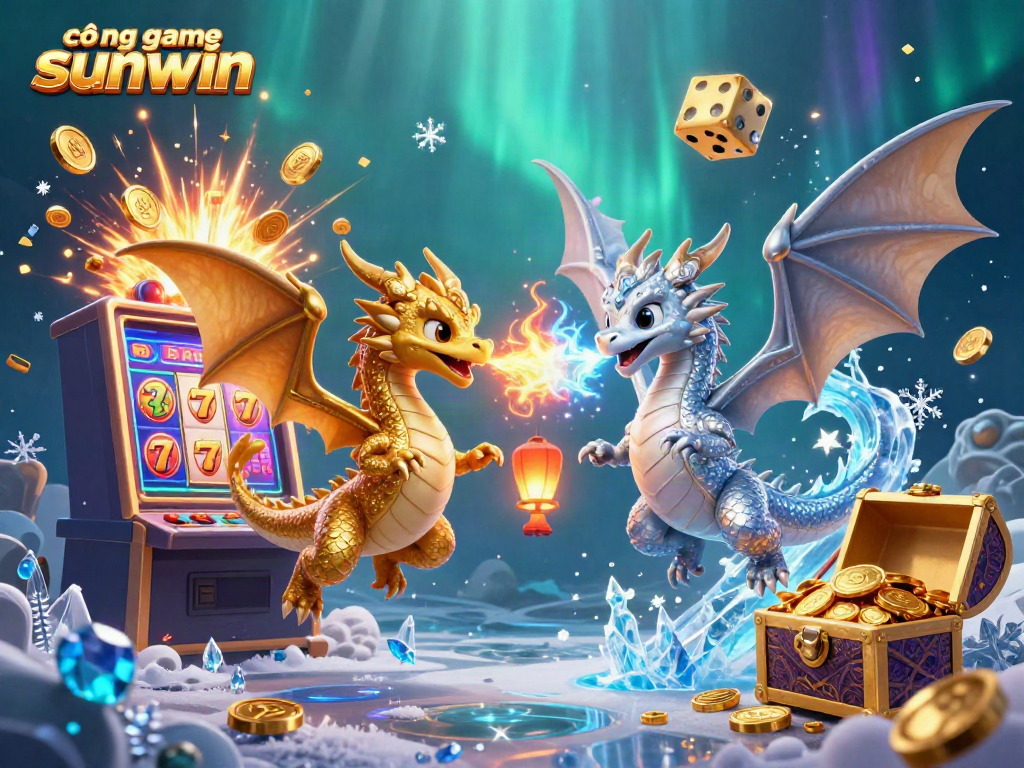 Engage with cổng game sunwin through an exciting illustration of golden and silver dragons amidst vibrant casino elements.