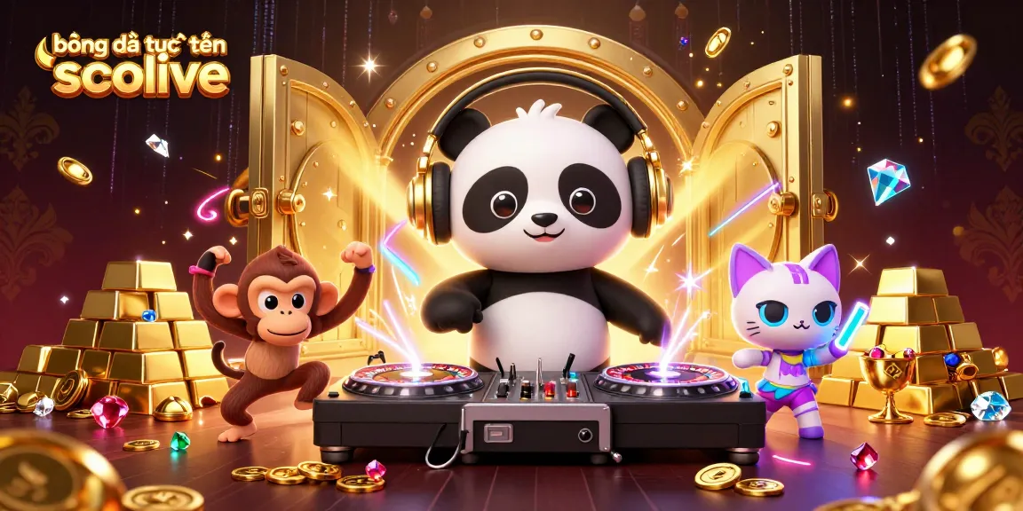 bóng đá trực tuyến socolive showcasing a lively DJ panda, monkey dancer, and vibrant animations in a casino atmosphere