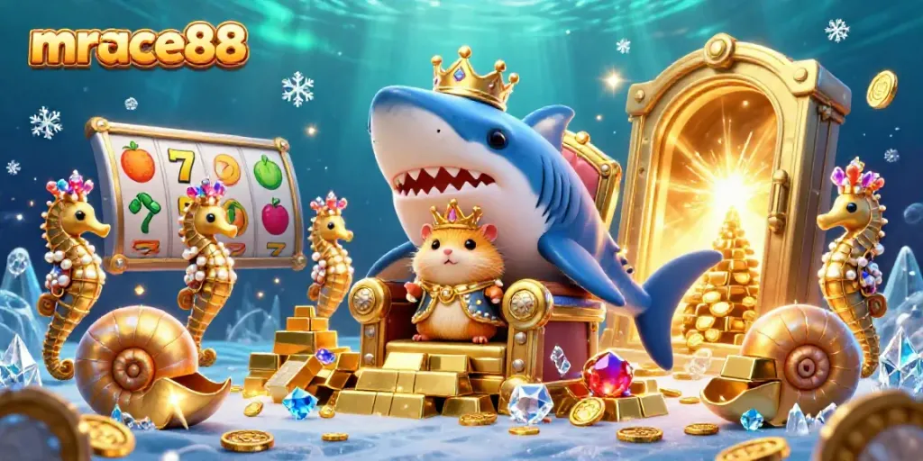 Play thrilling games at mrace88 featuring a golden hamster king on a shark throne with vibrant casino elements.