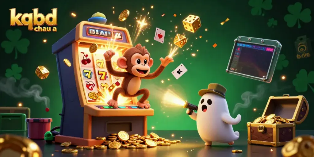 Engage with the captivating kqbd chau a casino scene featuring a ghostly monkey juggling golden treasures while a puppy hunts it down.