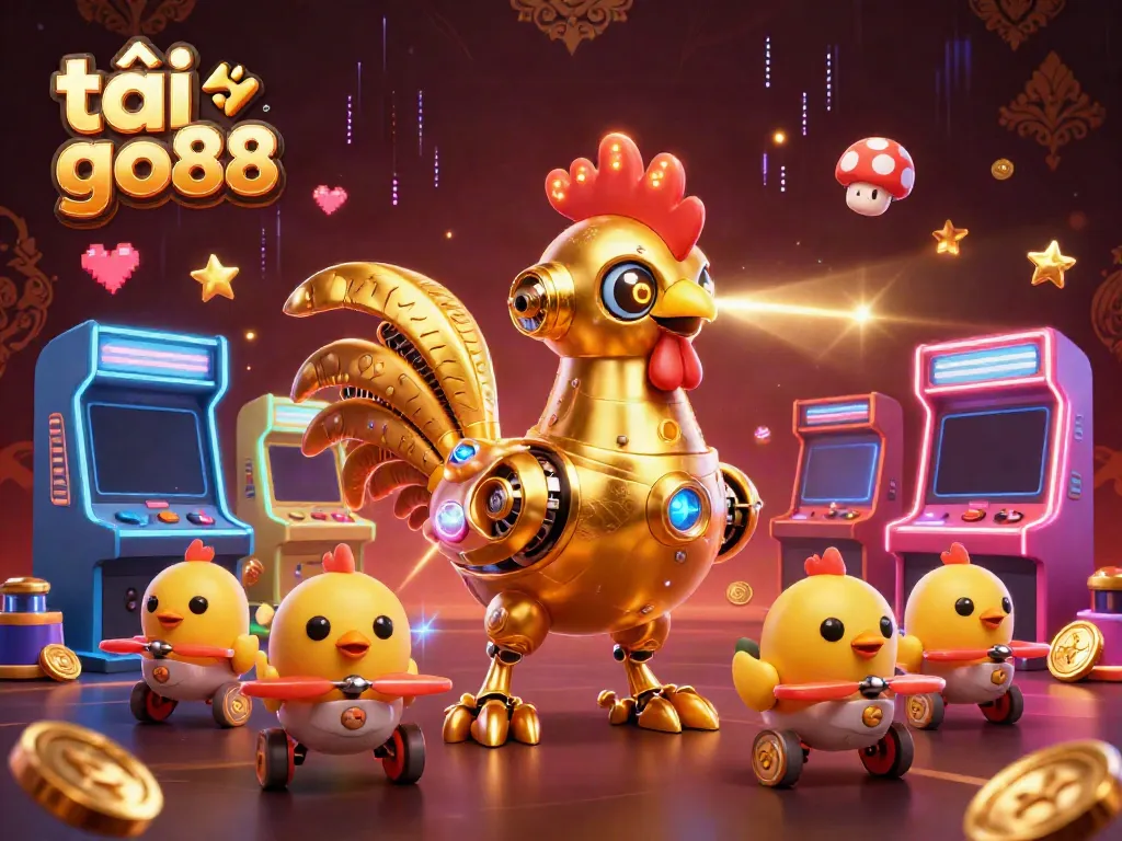 Engage with the vibrant world of tải go88 as golden rooster robot shoots lasers amidst arcade machines.