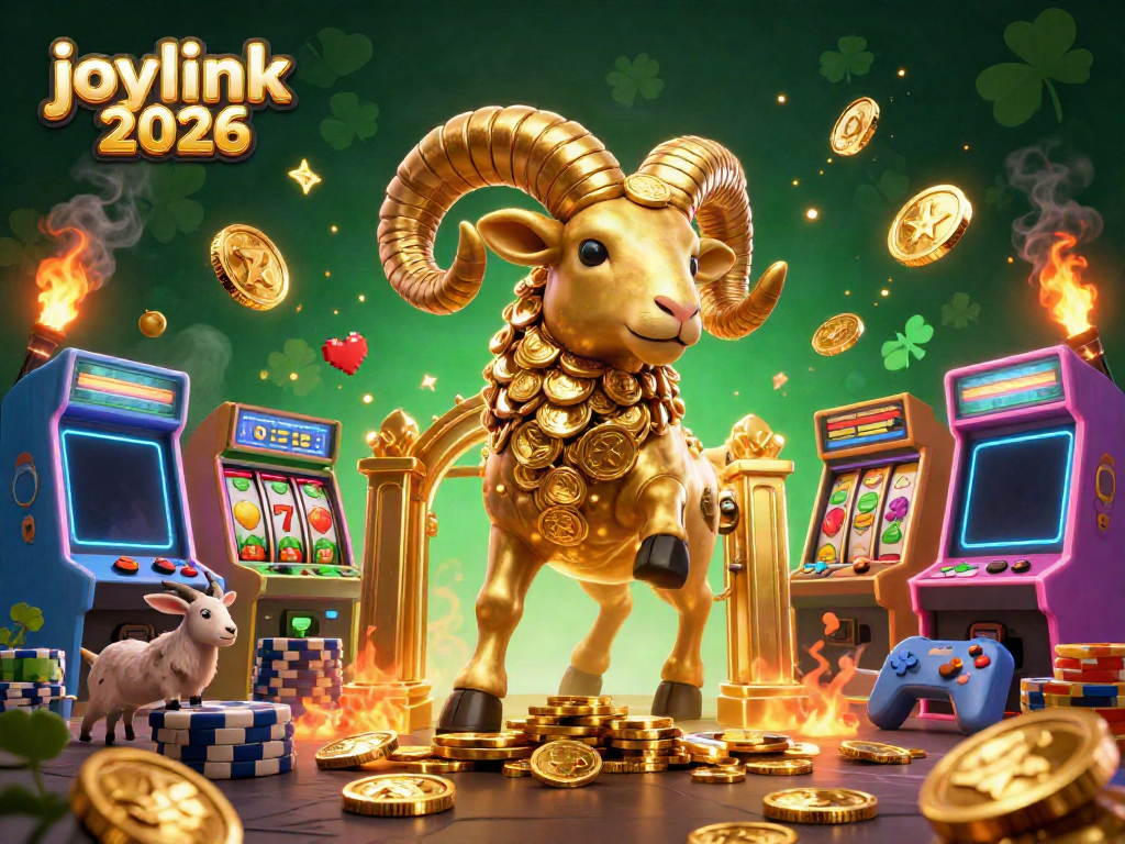 Experience joylink 2026 with a golden ram charging through a vibrant casino scene filled with slots and game machines.