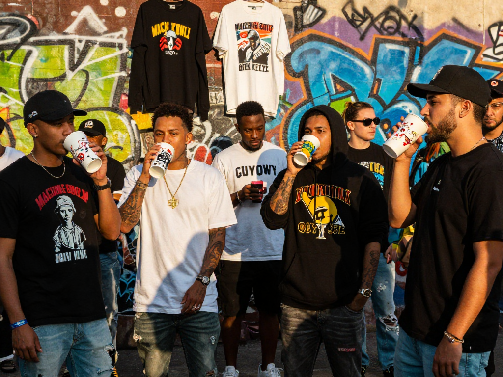 Fans wearing rokok 88 Machine Gun Kelly merchandise in an urban streetwear setting, showcasing style and community spirit.