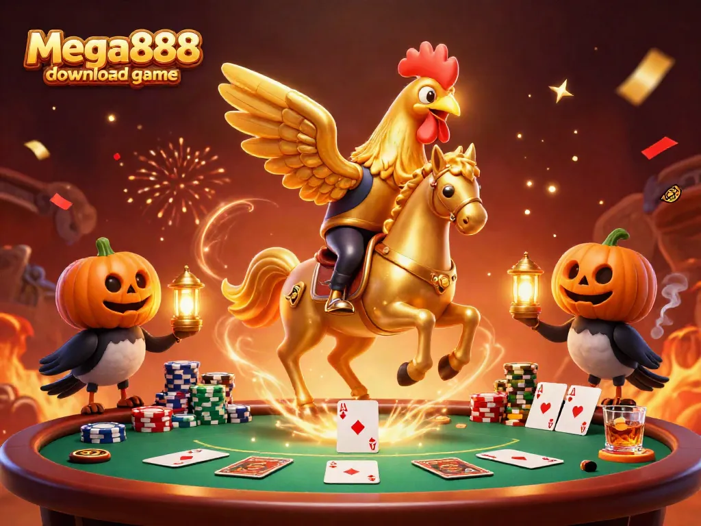 Mega888 download game offers a vibrant casino scene featuring a golden rooster and poker elements.