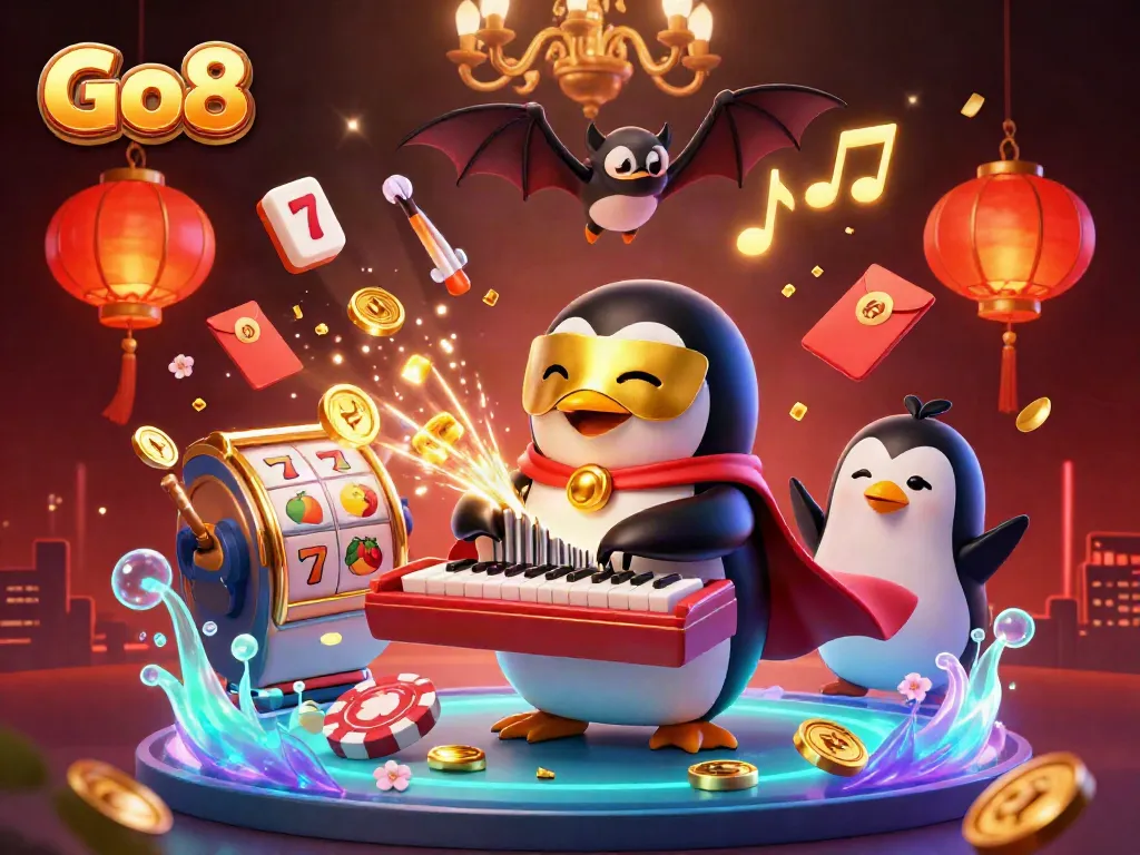 Experience thrilling wins at Go8 with captivating casino elements in a vibrant 3D illustration.
