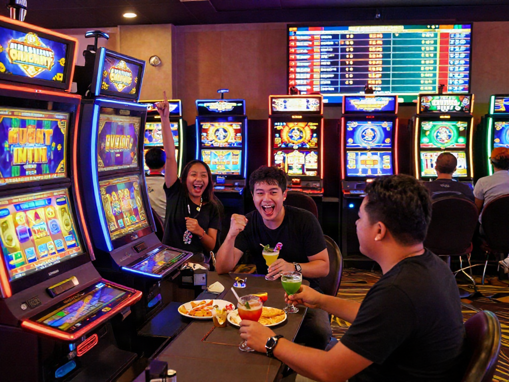Exciting scene of diverse players enjoying slot gacor malam ini at a vibrant casino with colorful screens.