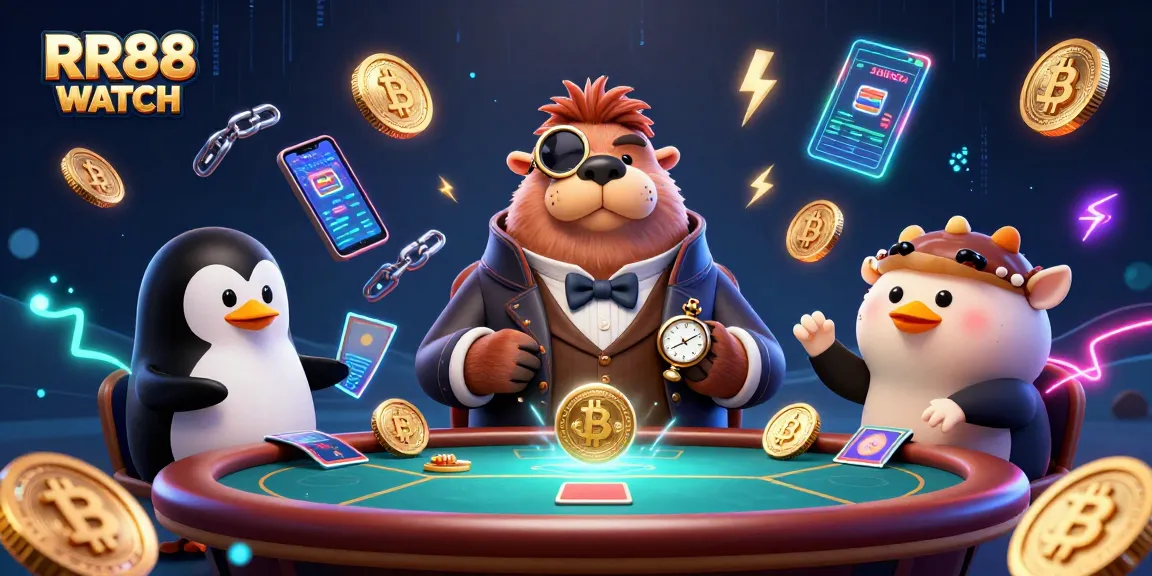 Engaging scene of RR88 WATCH with a walrus, penguin dealer, and pufferfish playing poker amid vibrant gaming elements.