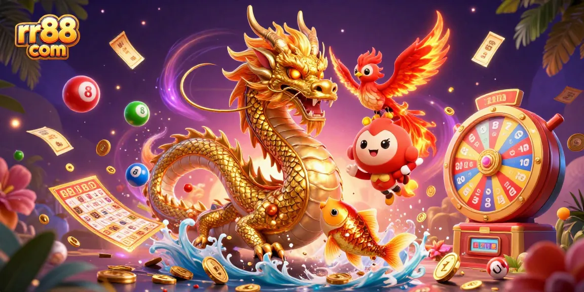 Engage with the vibrant casino world at rr88 com featuring a dazzling 3D dragon, phoenix, and koi fish.