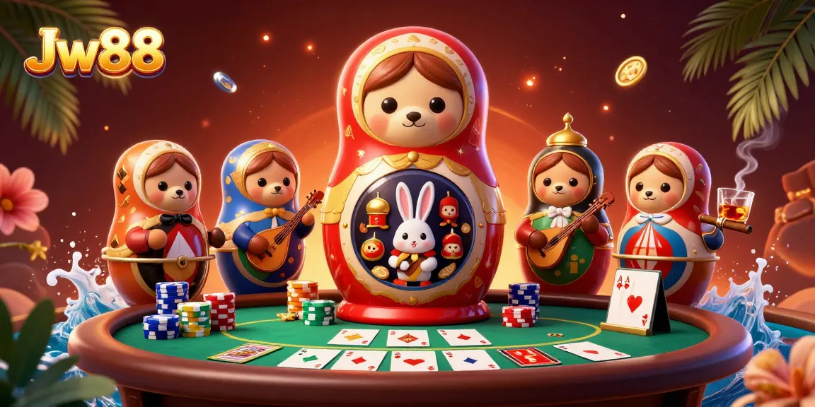 Engage with Jw88 in a vibrant casino scene featuring dynamic card games and colorful characters.
