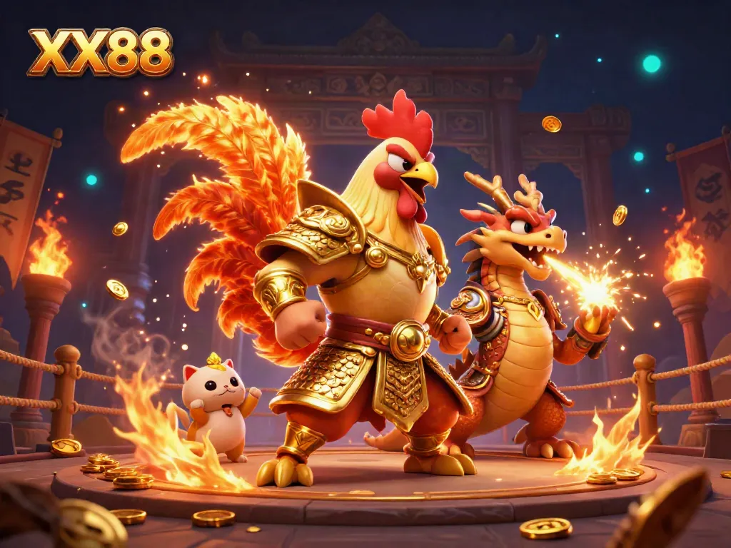 Engage with thrilling XX88 gameplay featuring a fighting rooster and dragon in a dynamic casino scene